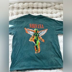 NIRVANA Vintage Green Tee with Orange Accents